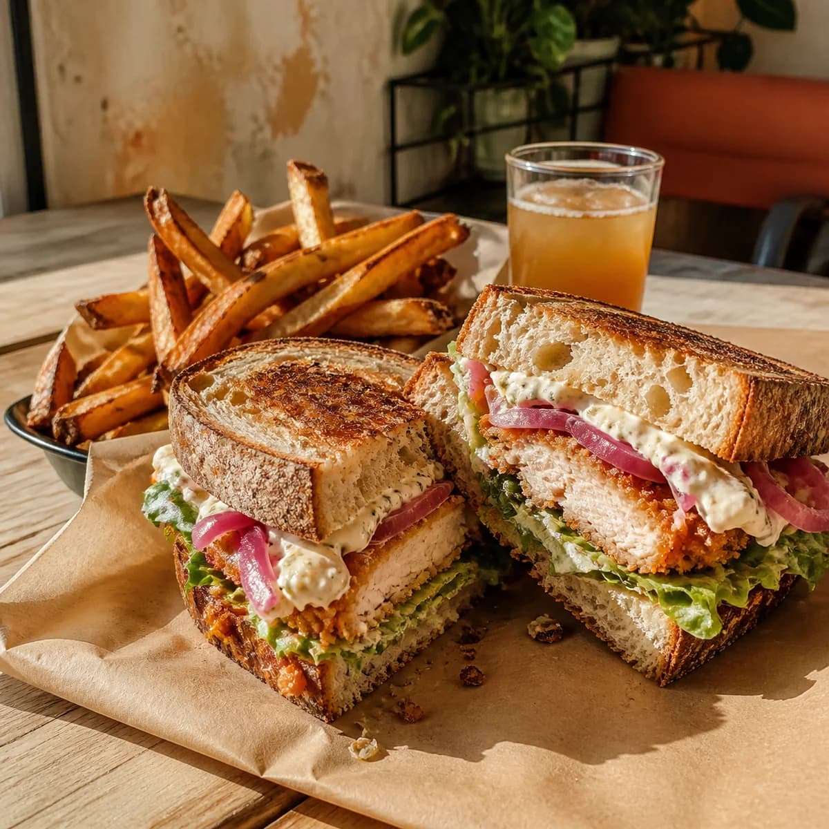 Sandwich au poulet croustillant coupé en deux, servi avec des frites et une limonade ambrée.