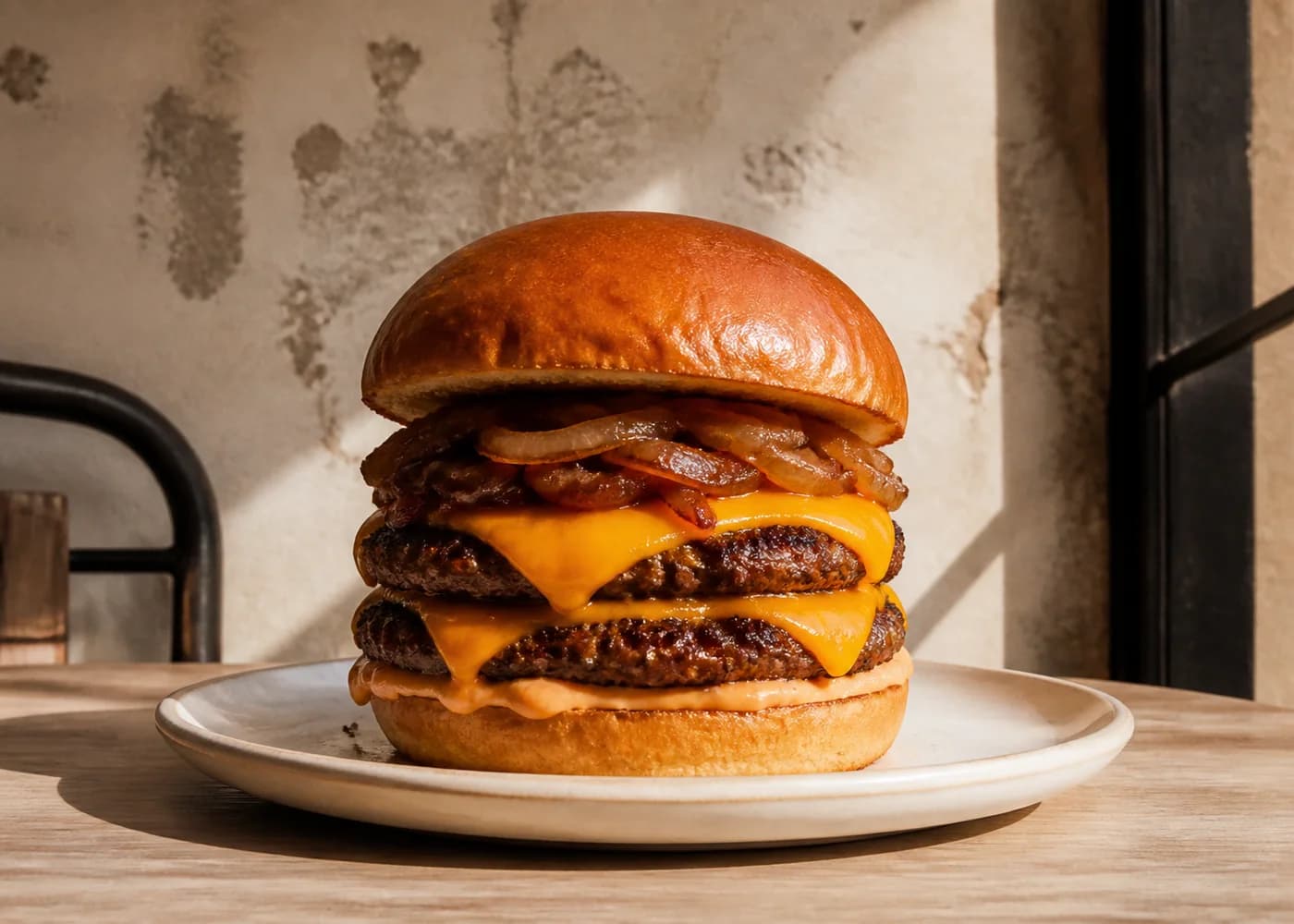 Burger Le Double garni de deux steaks, de cheddar fondu et d’oignons confits dans un pain brioché.