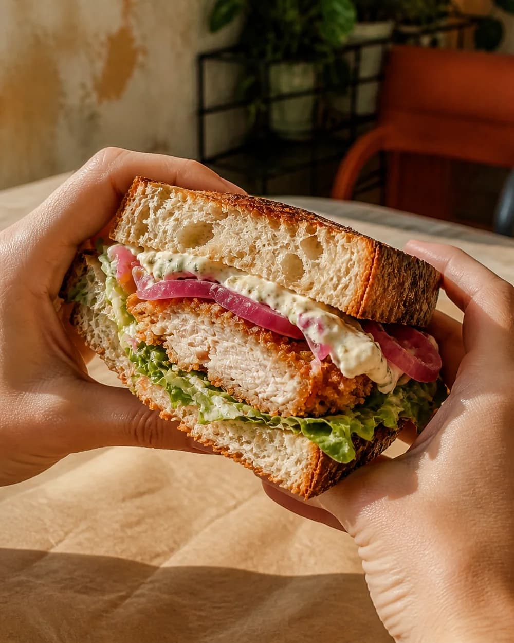 Sandwich au poulet croustillant tenu à deux mains au-dessus d’un papier kraft.