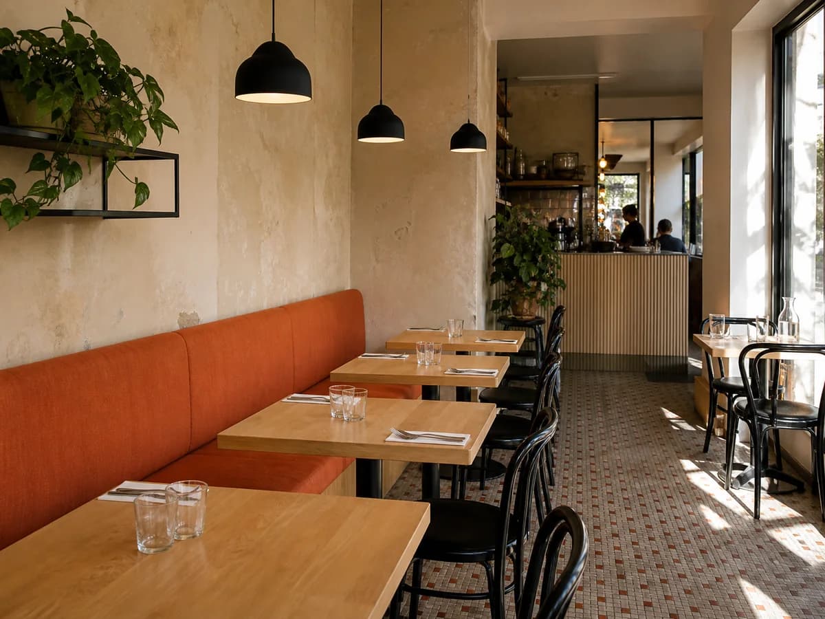 Salle chaleureuse avec banquette corail, tables en bois clair et suspensions noires.