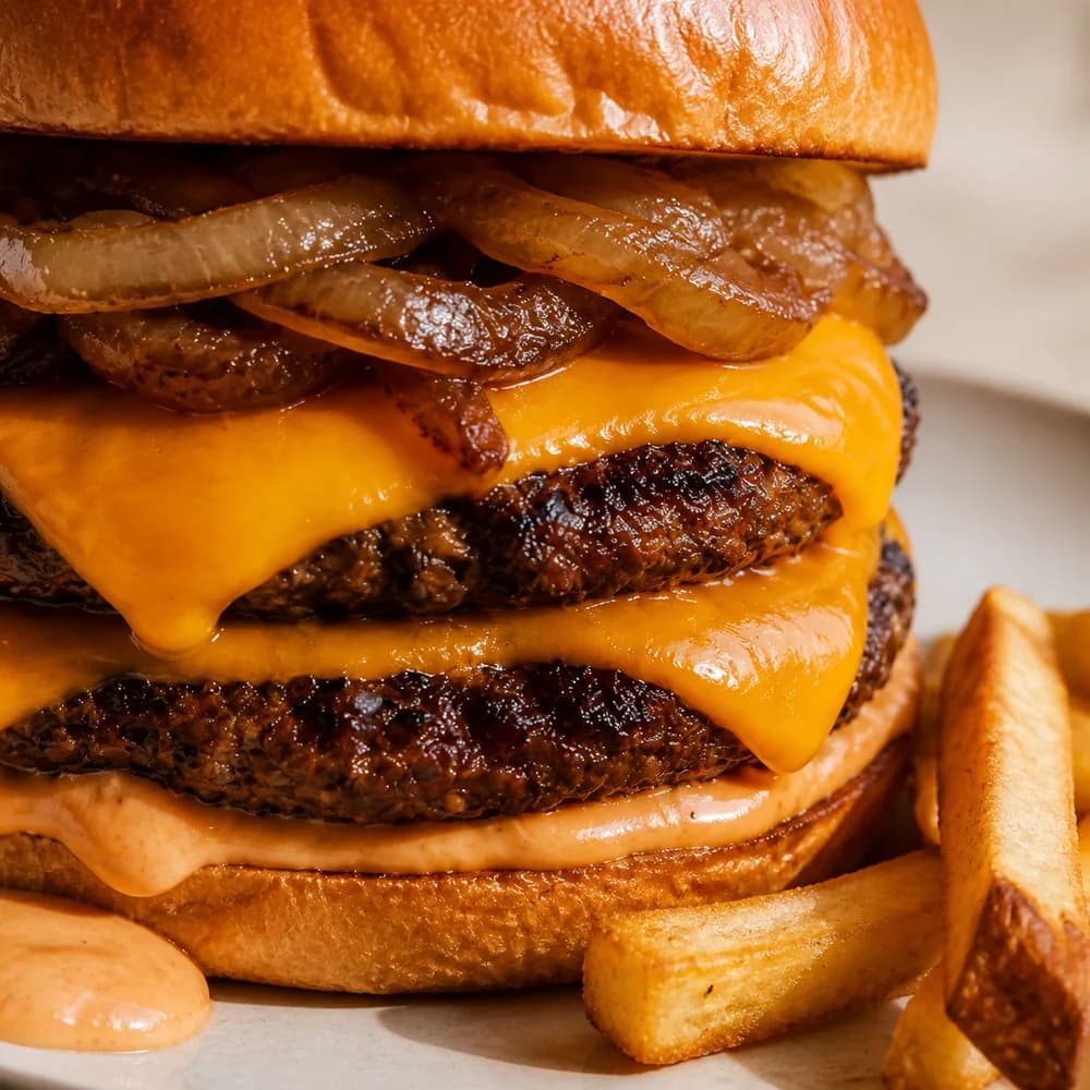 Gros plan sur le cheddar fondu, les steaks saisis et les oignons confits du burger Le Double.