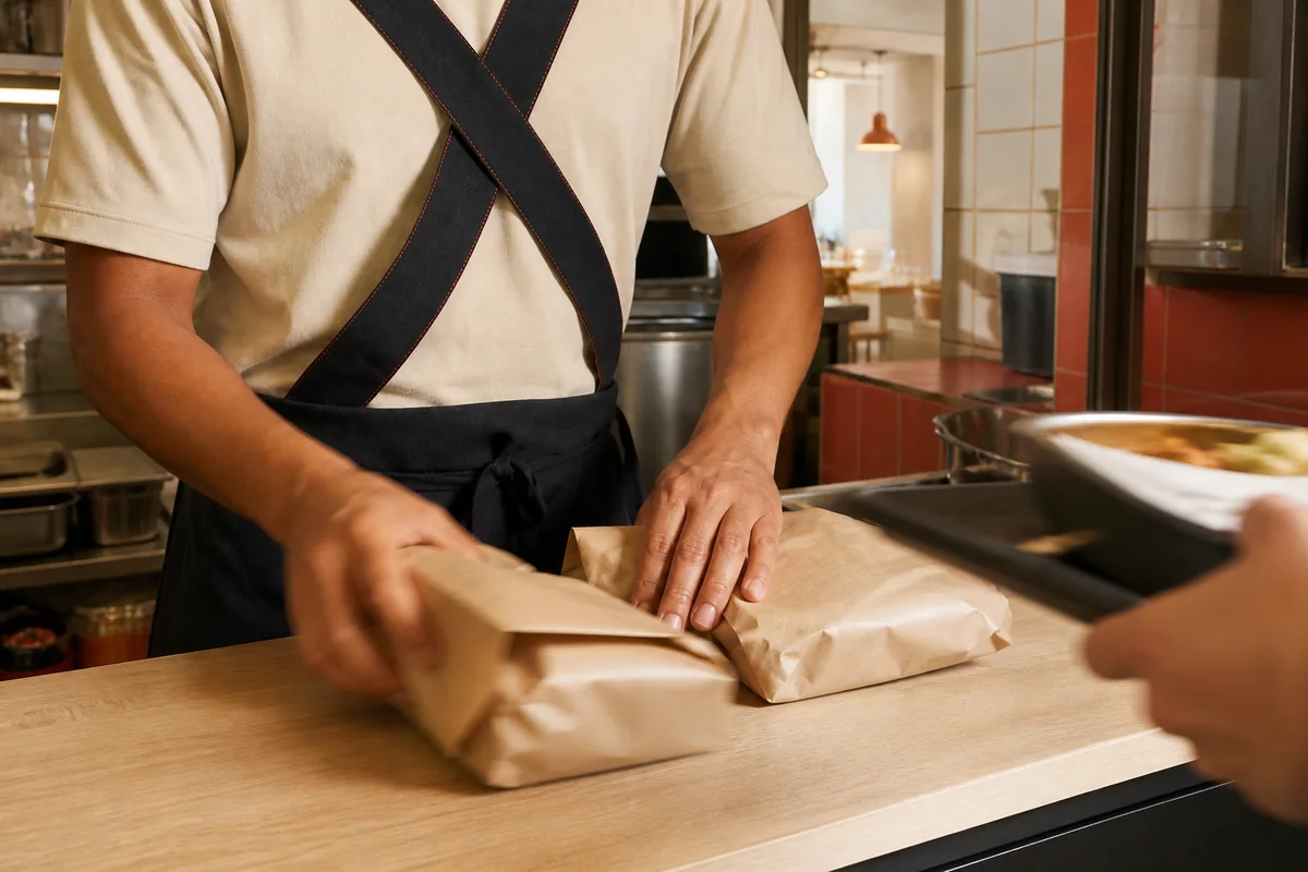 Cuisinier emballant des commandes dans du papier kraft pendant le service.