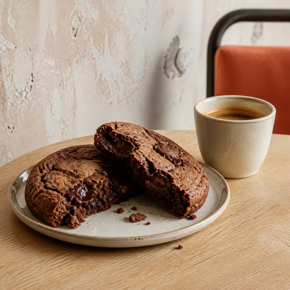 Cookie au chocolat généreux et fondant accompagné d’un café dans une tasse en céramique.