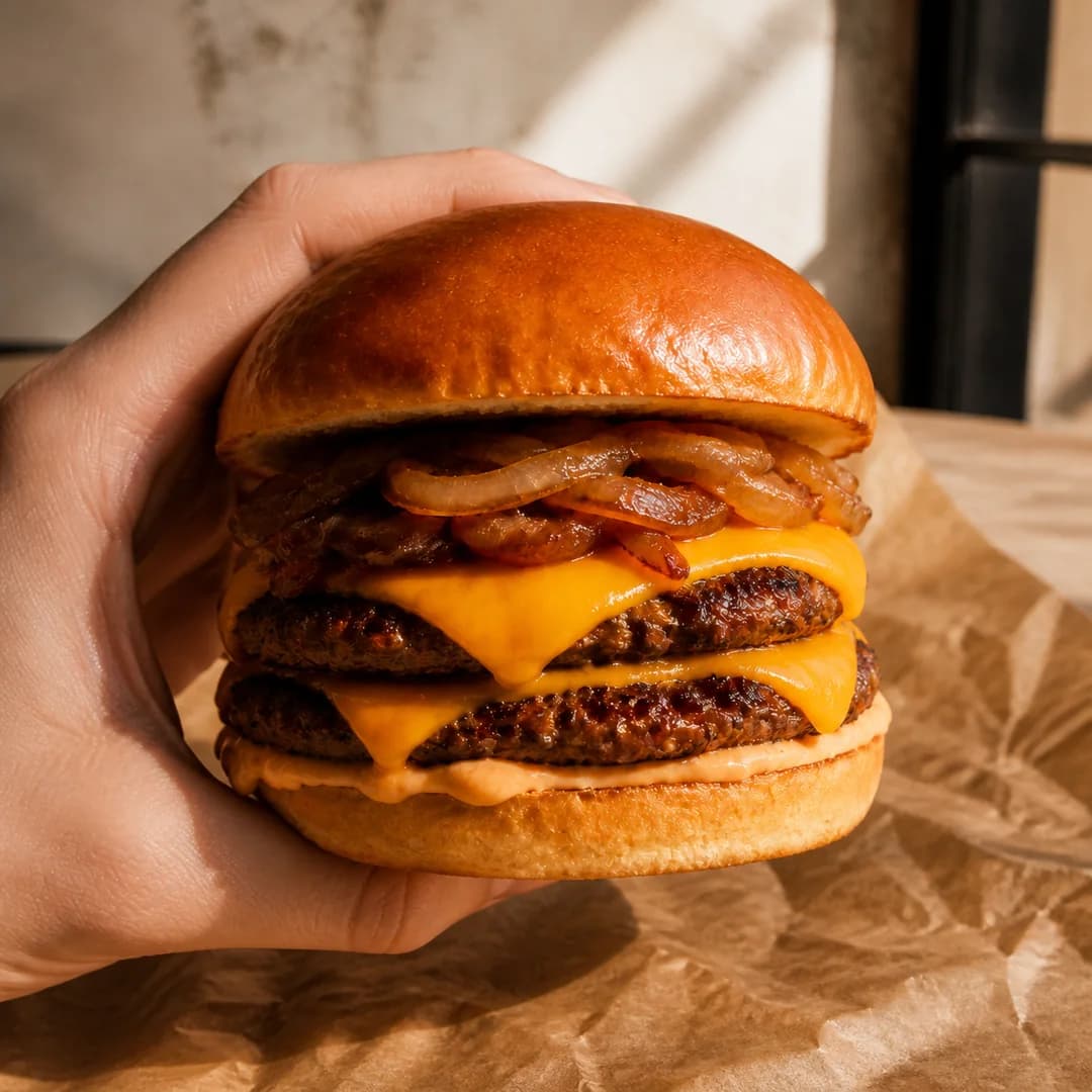 Burger Le Double tenu en main, avec ses deux steaks, son cheddar fondu et ses oignons confits.