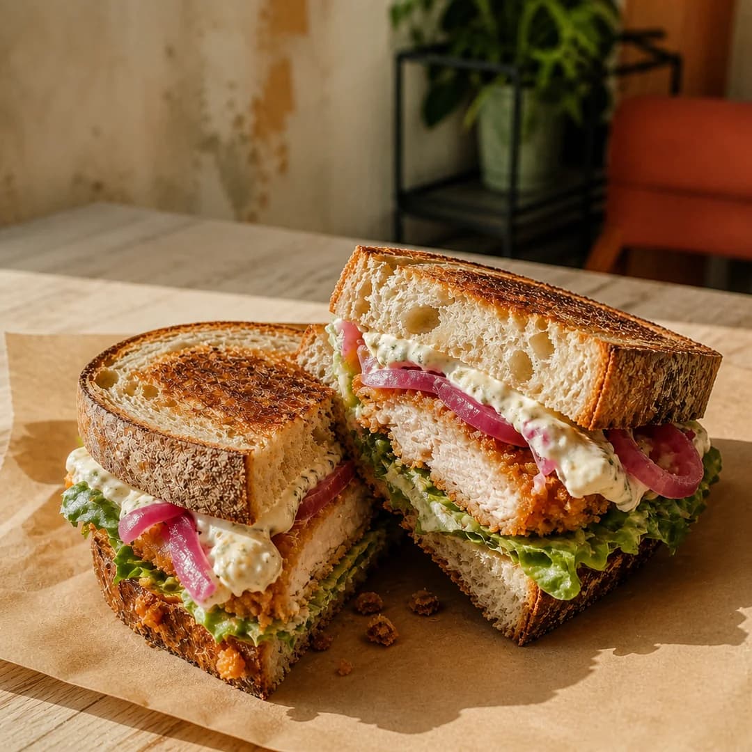 Sandwich signature au poulet croustillant présenté en deux moitiés sur du papier kraft.