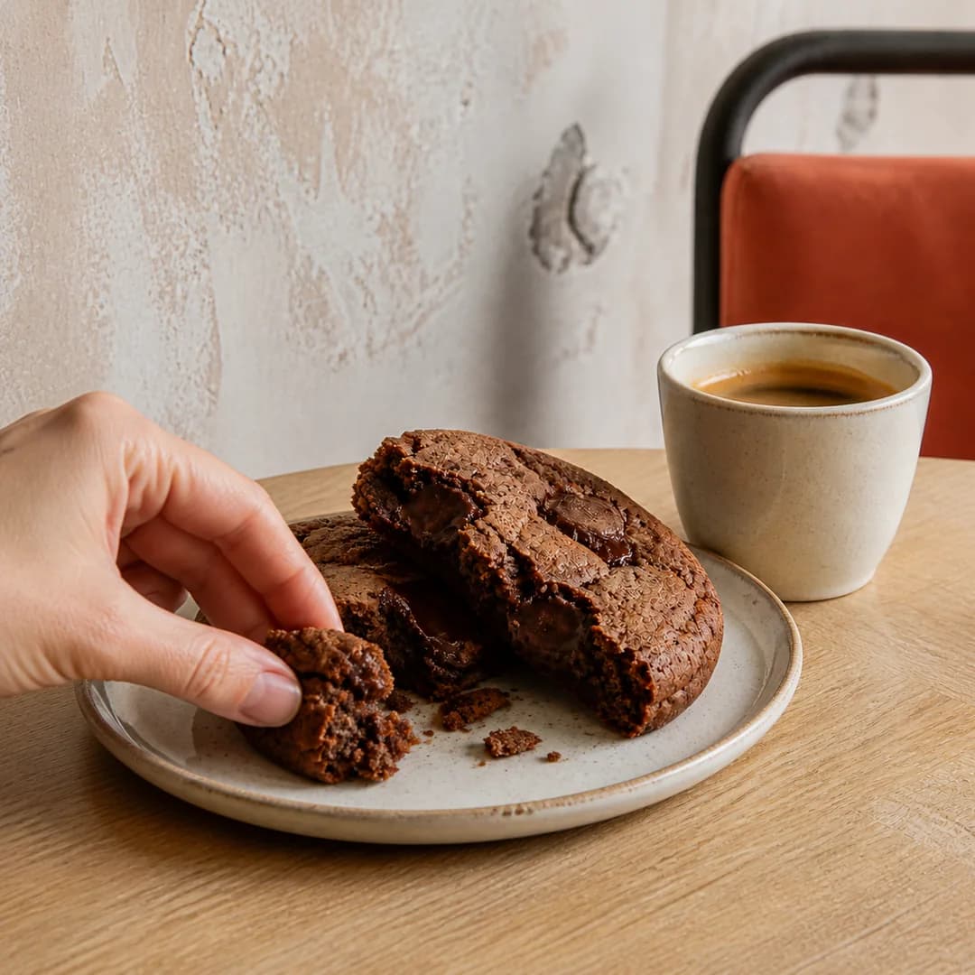 Main partageant un cookie au chocolat fondant servi avec un café.